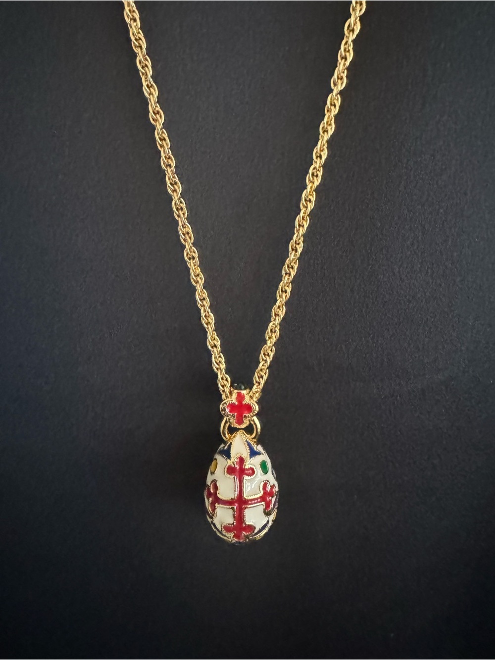 Gold Tone Enamel Egg Pendant Necklace with Red Cross Accent